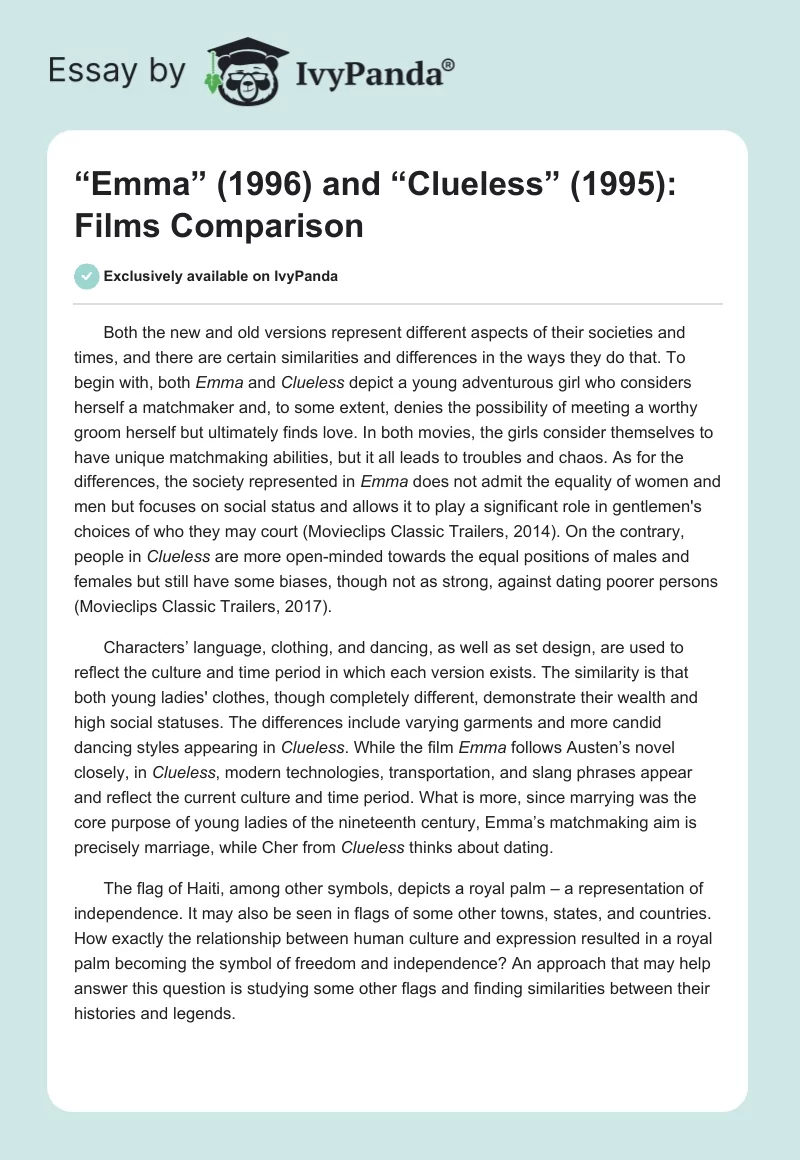 “Emma” (1996) and “Clueless” (1995): Films Comparison. Page 1
