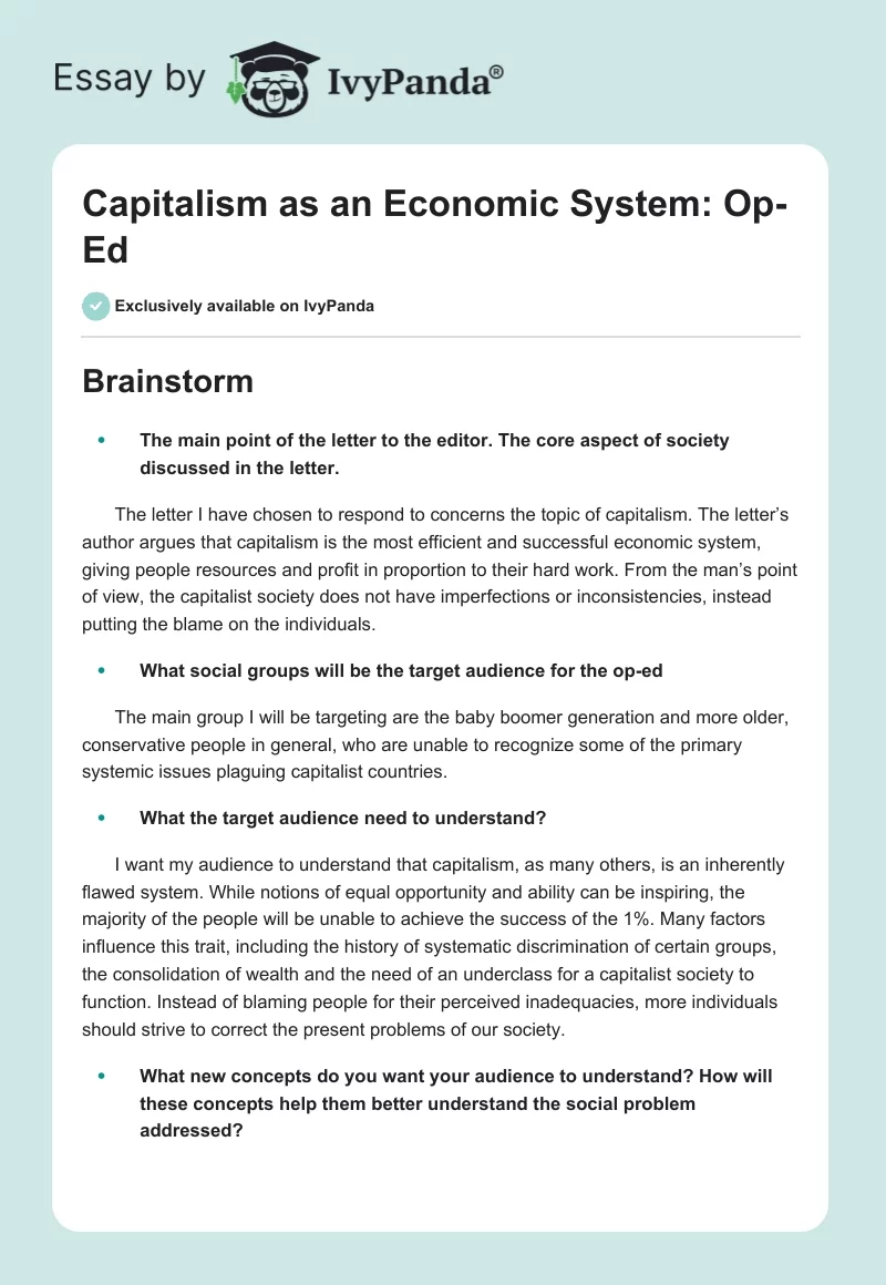 Capitalism as an Economic System: Op-Ed. Page 1