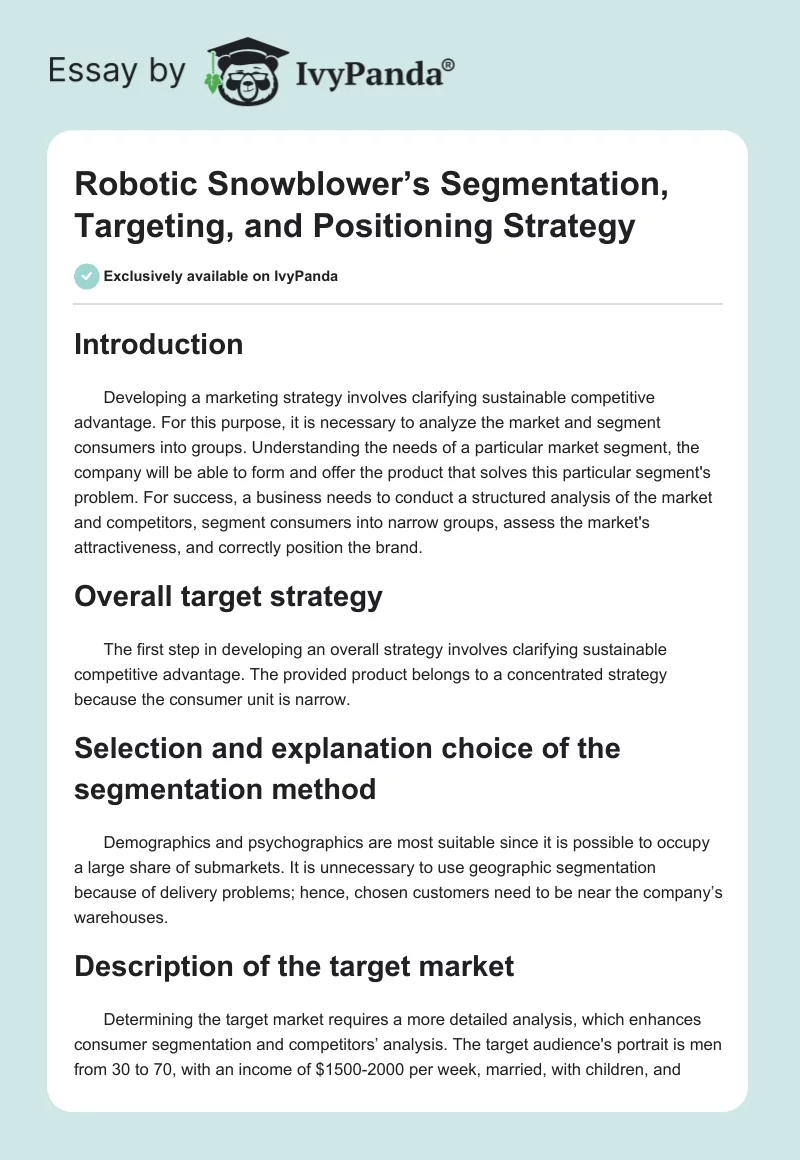 Robotic Snowblower’s Segmentation, Targeting, and Positioning Strategy. Page 1