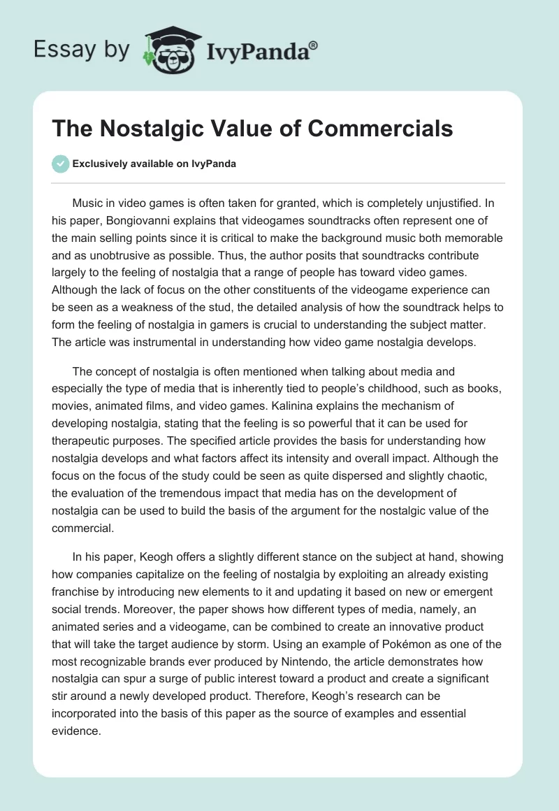 The Nostalgic Value of Commercials. Page 1
