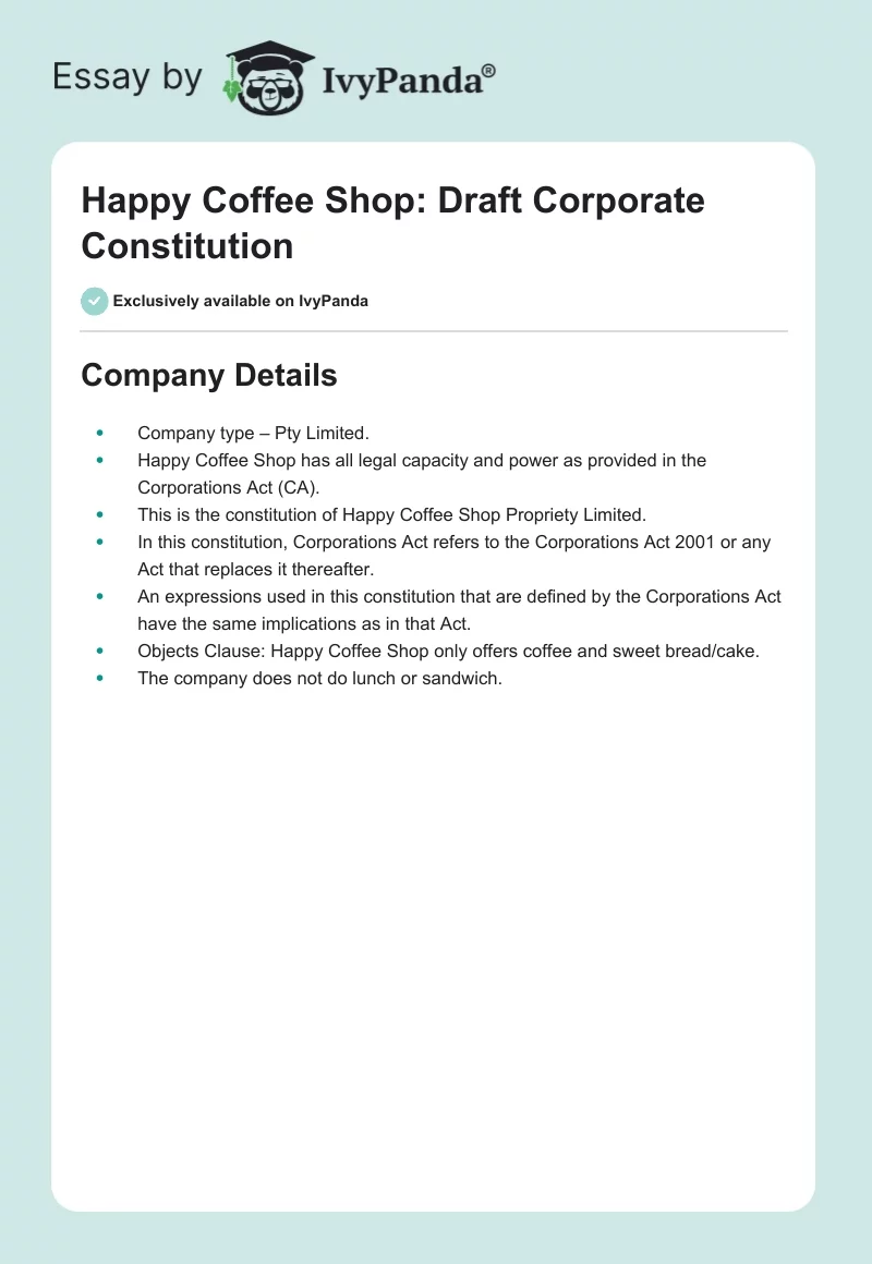 Happy Coffee Shop: Draft Corporate Constitution. Page 1