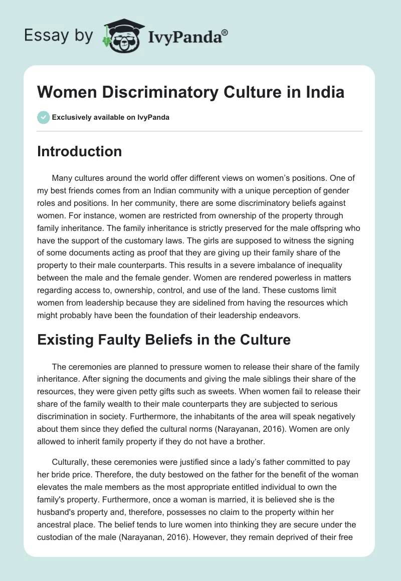 Women Discriminatory Culture in India. Page 1