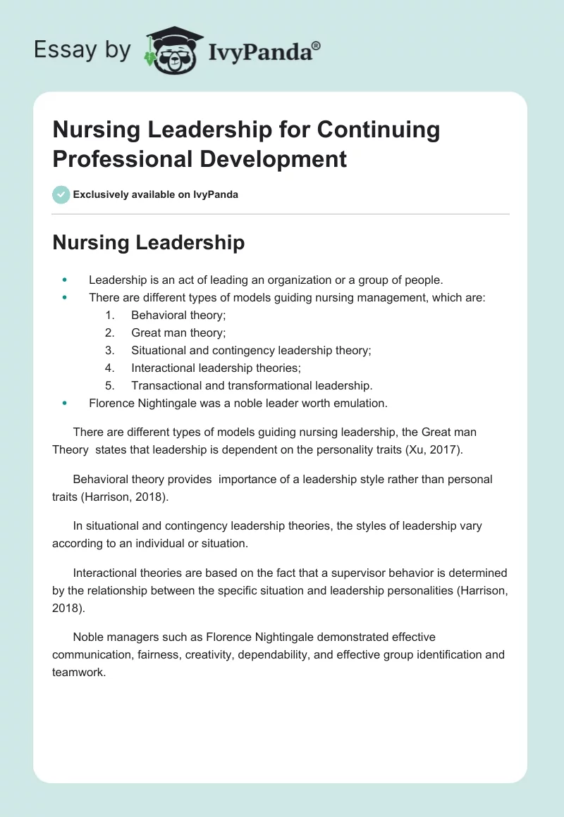 Nursing Leadership for Continuing Professional Development. Page 1