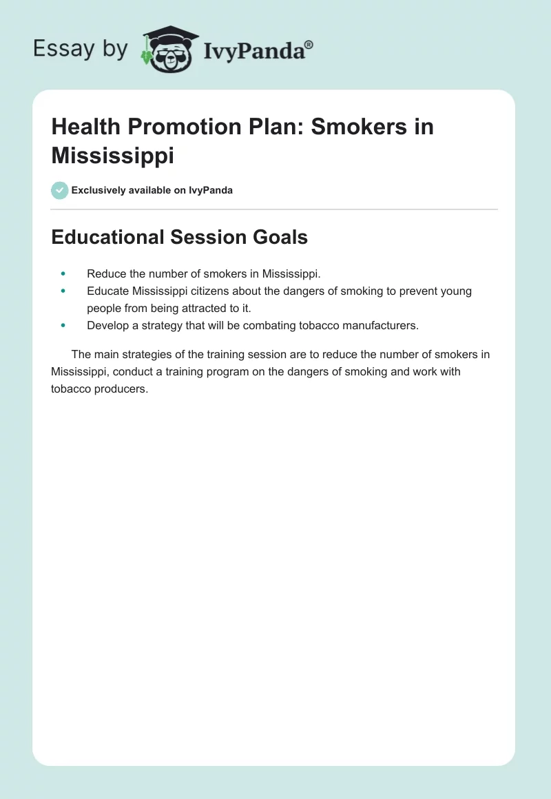 Health Promotion Plan: Smokers in Mississippi. Page 1