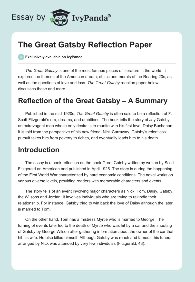 The Great Gatsby Reflection Paper. Page 1
