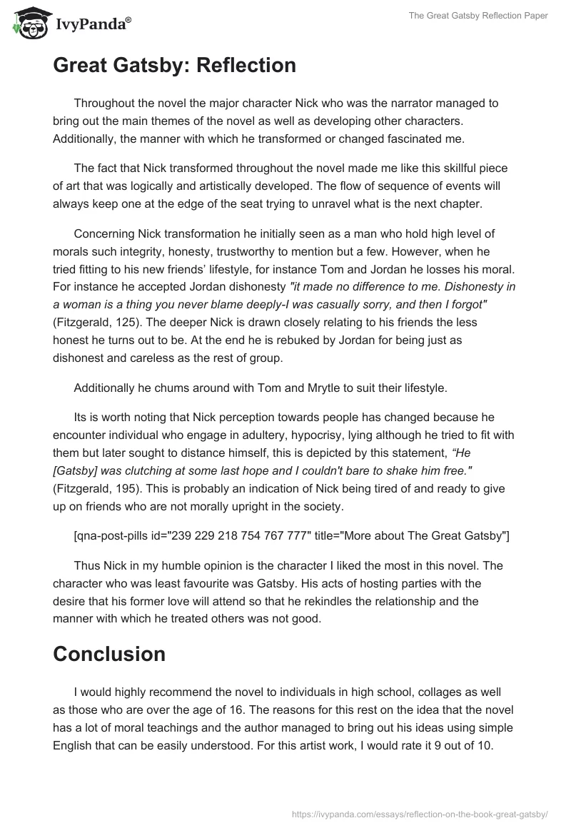 The Great Gatsby Reflection Paper. Page 2