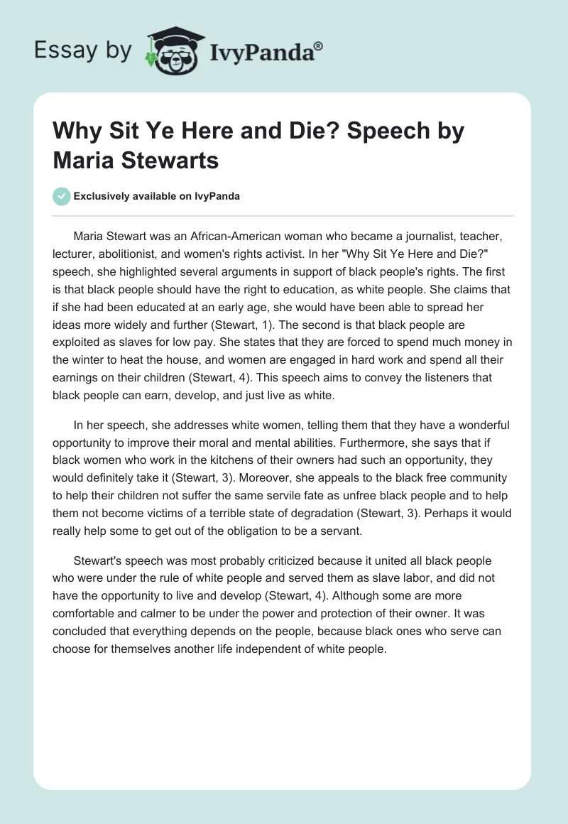 "Why Sit Ye Here and Die?" Speech by Maria Stewarts. Page 1