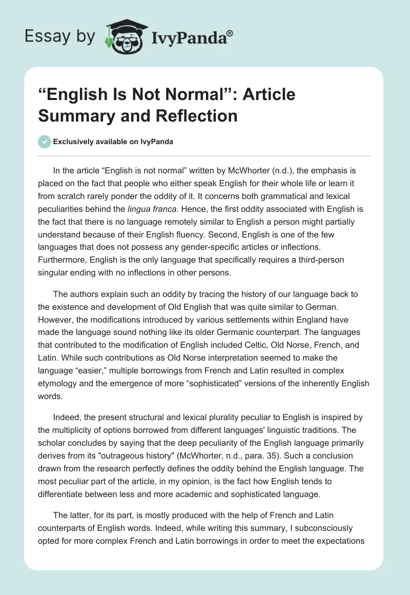 “English Is Not Normal”: Article Summary and Reflection. Page 1