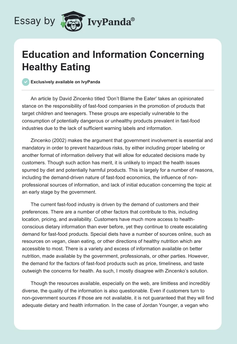 Education and Information Concerning Healthy Eating. Page 1
