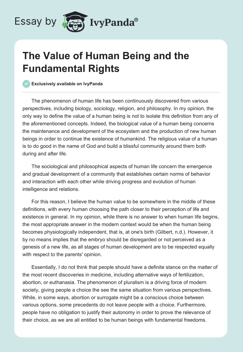 The Value of Human Being and the Fundamental Rights. Page 1