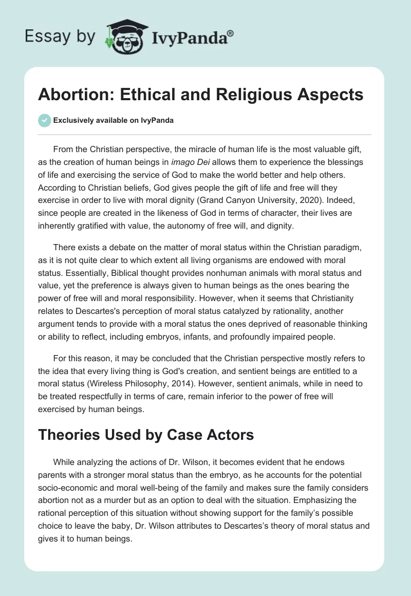 Abortion: Ethical and Religious Aspects. Page 1
