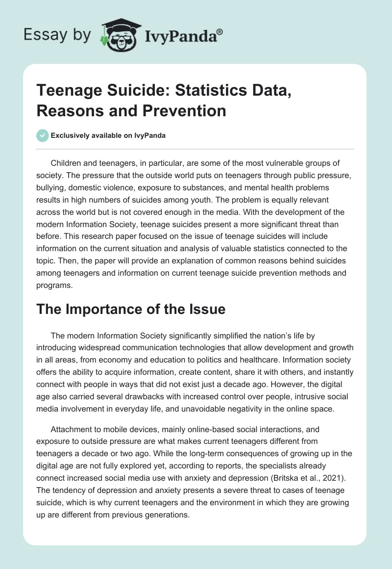 Teenage Suicide: Statistics Data, Reasons and Prevention. Page 1