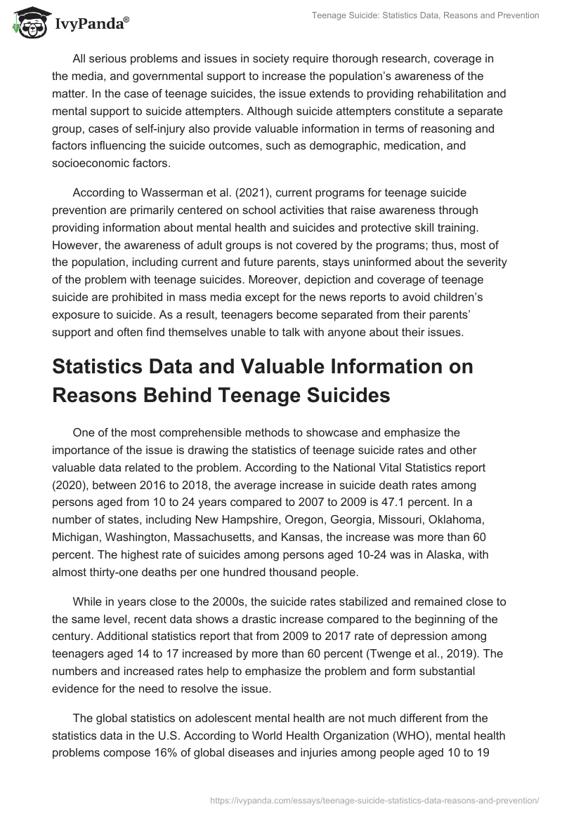 Teenage Suicide: Statistics Data, Reasons and Prevention. Page 2