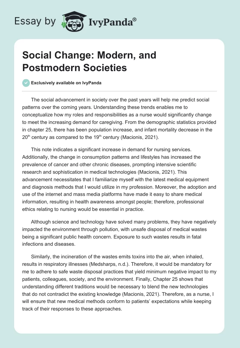 Social Change: Modern, and Postmodern Societies. Page 1