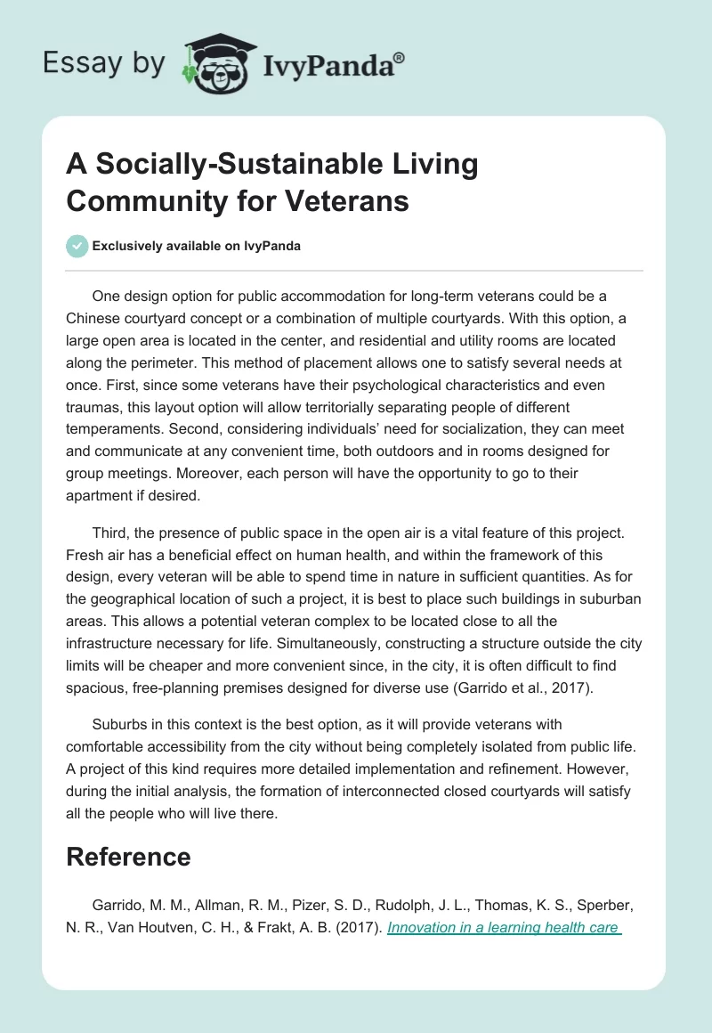 A Socially-Sustainable Living Community for Veterans. Page 1