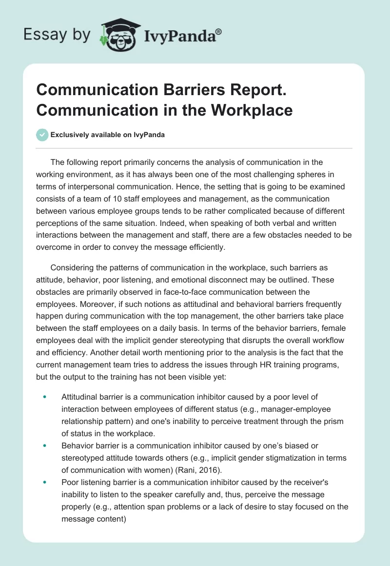 Communication Barriers Report. Communication in the Workplace. Page 1