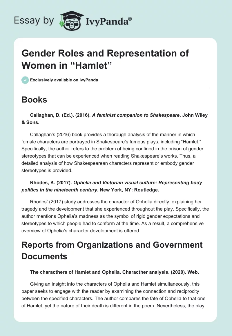 Gender Roles and Representation of Women in “Hamlet”. Page 1