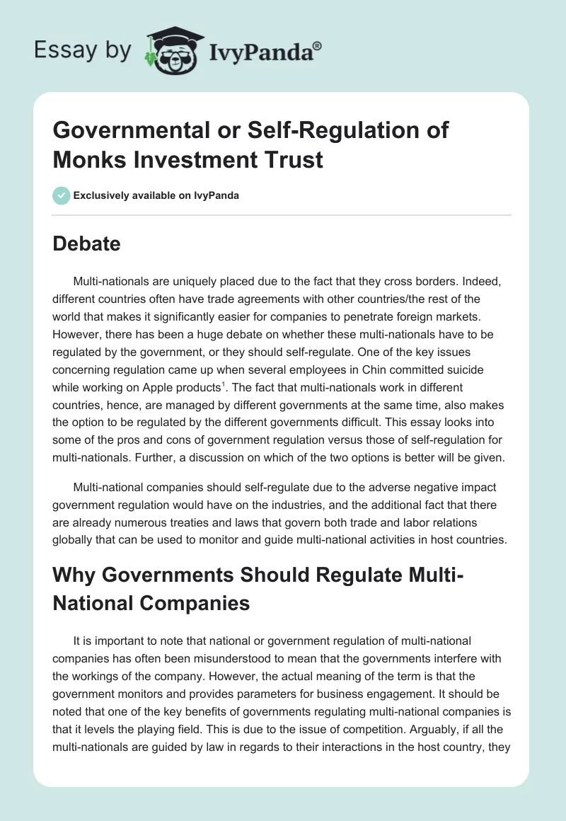 Governmental or Self-Regulation of Monks Investment Trust. Page 1