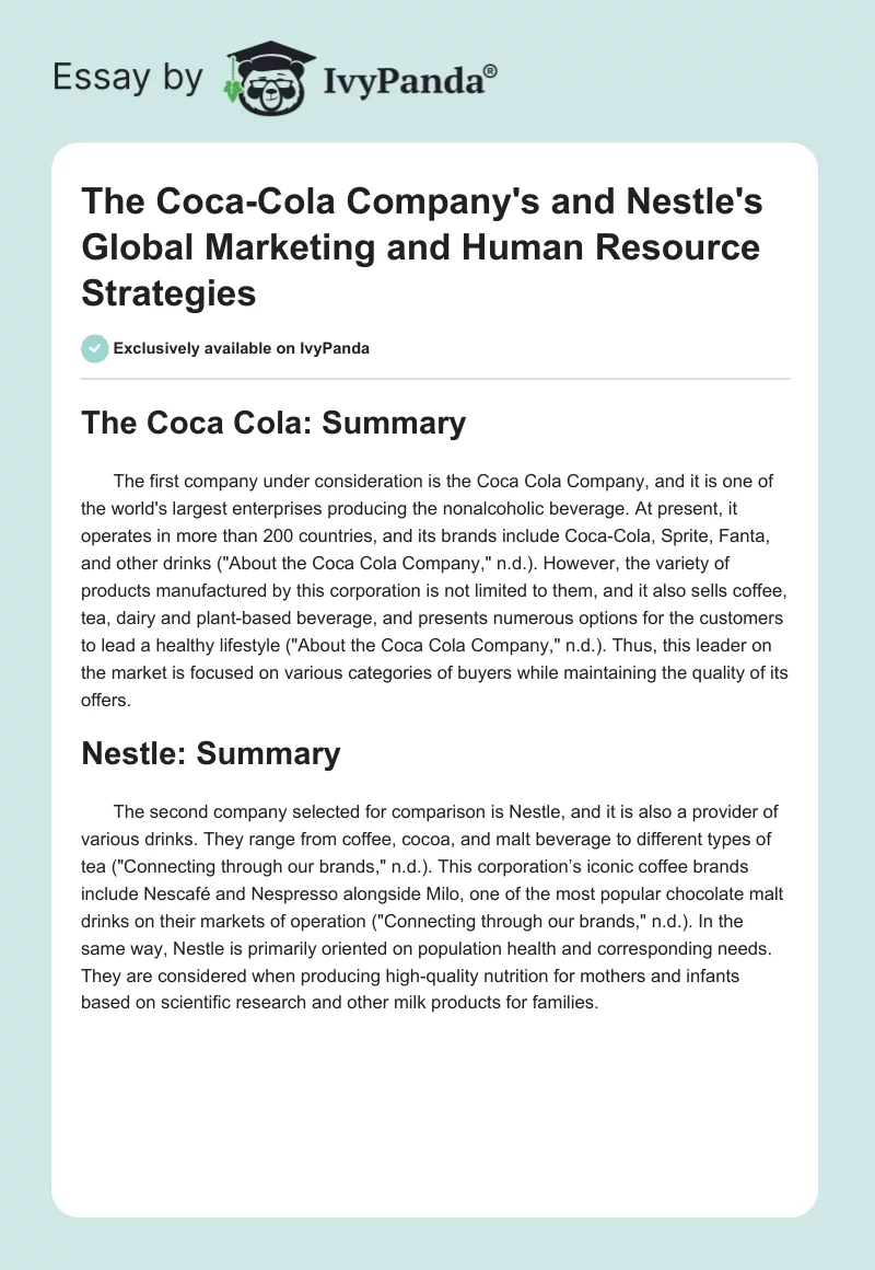 The Coca-Cola Company's and Nestle's Global Marketing and Human Resource Strategies. Page 1
