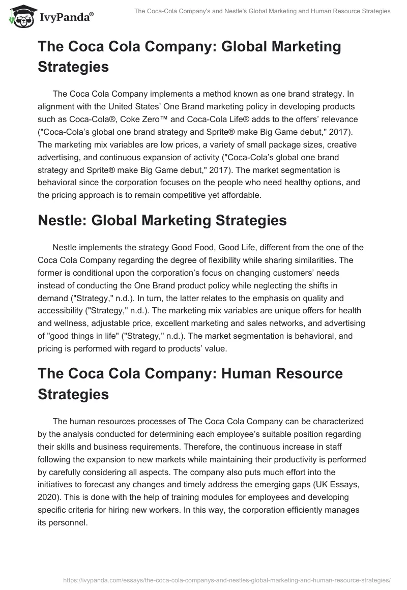 The Coca-Cola Company's and Nestle's Global Marketing and Human Resource Strategies. Page 2