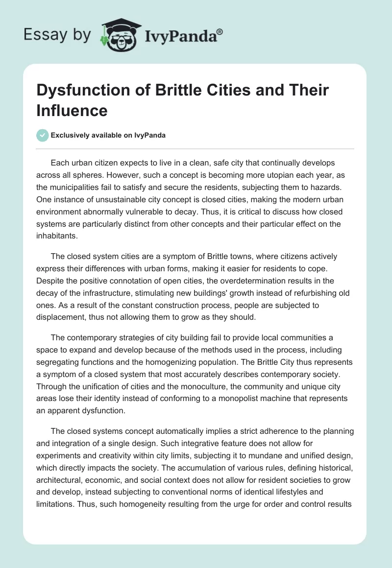 Dysfunction of Brittle Cities and Their Influence. Page 1