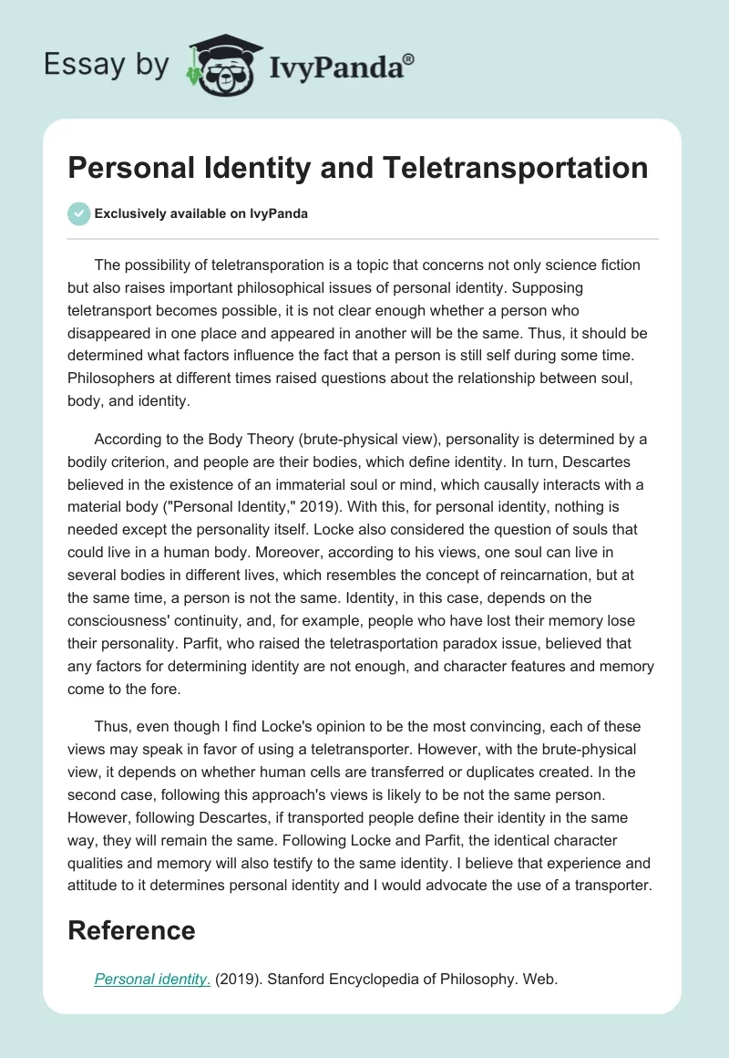 Personal Identity and Teletransportation. Page 1