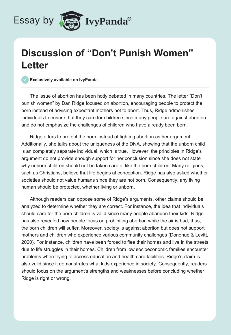Discussion of “Don’t Punish Women” Letter. Page 1