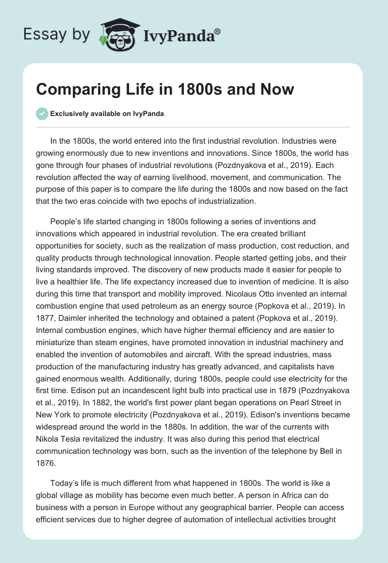 Comparing Life in 1800s and Now. Page 1