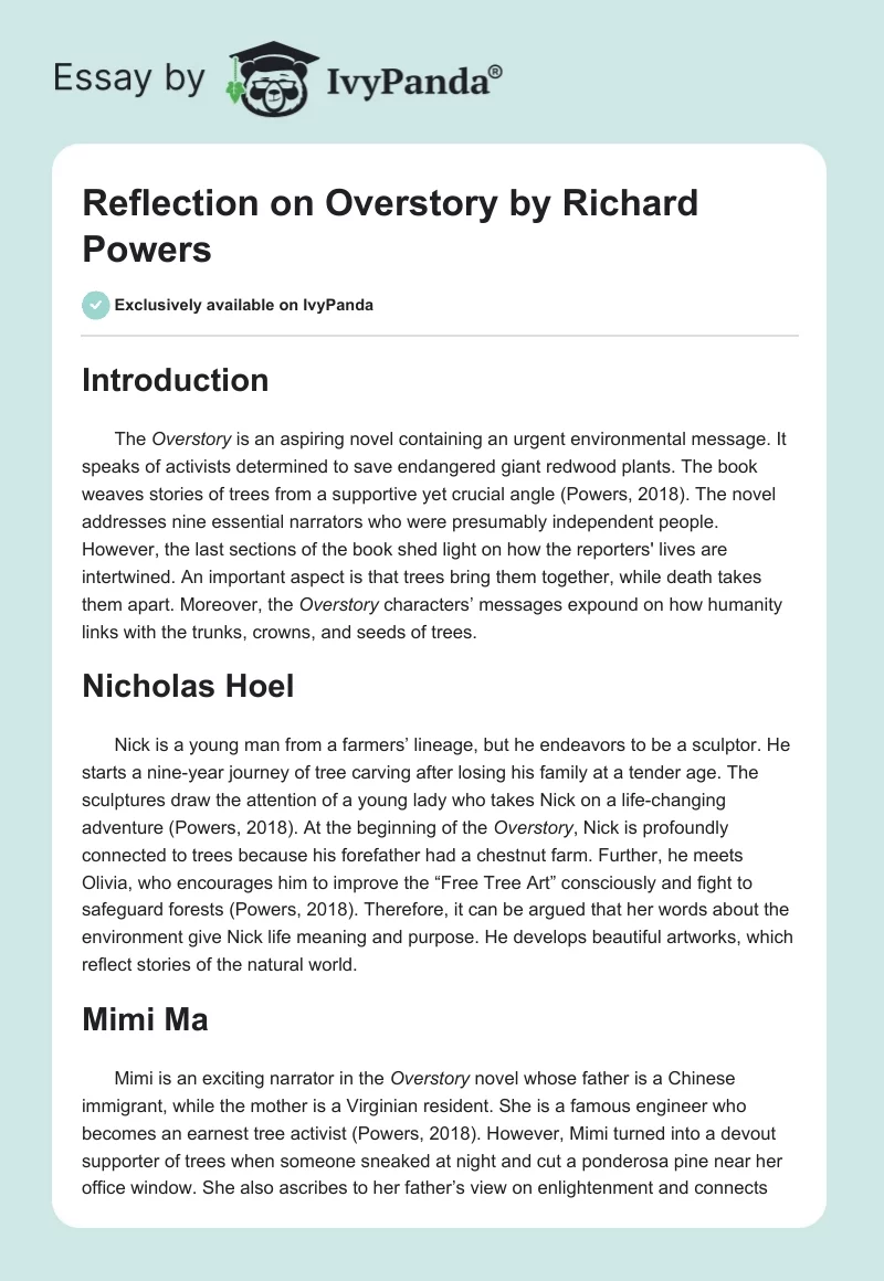 Reflection on "Overstory" by Richard Powers. Page 1