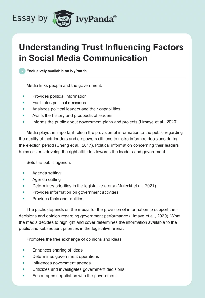 Understanding Trust Influencing Factors in Social Media Communication. Page 1
