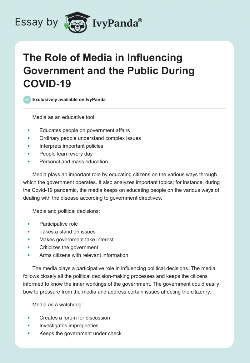 The Role of Media in Influencing Government and the Public During COVID-19. Page 1