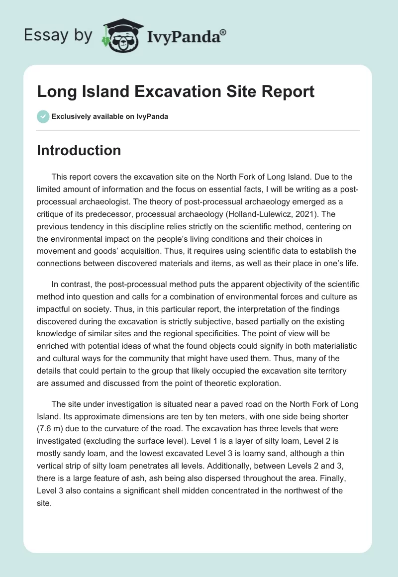 Long Island Excavation Site Report. Page 1