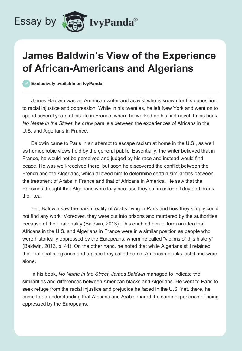 James Baldwin’s View of the Experience of African-Americans and Algerians. Page 1