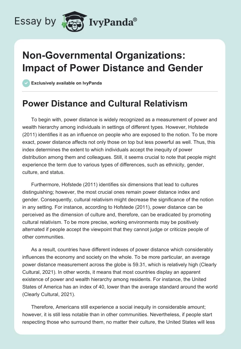 Non-Governmental Organizations: Impact of Power Distance and Gender. Page 1
