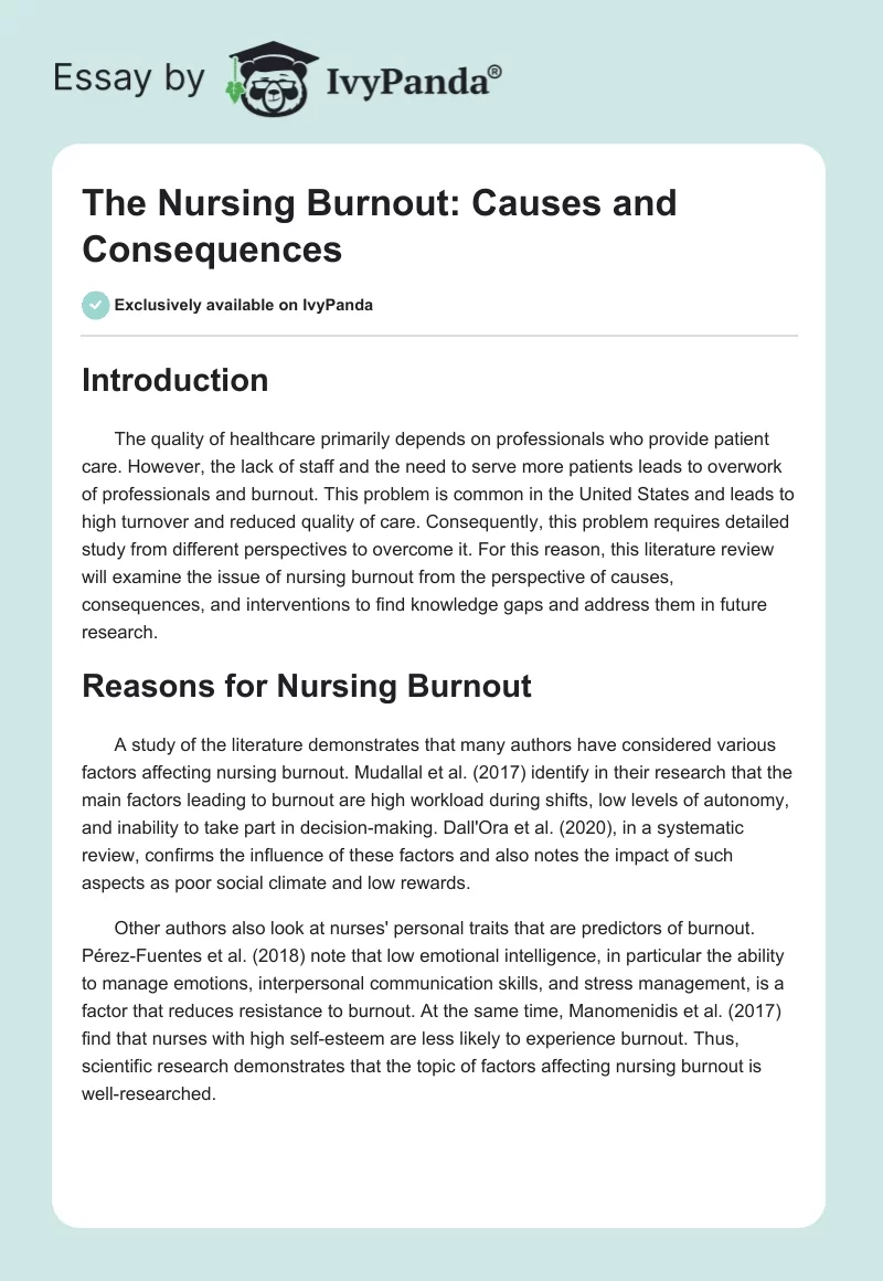 The Nursing Burnout: Causes and Consequences. Page 1