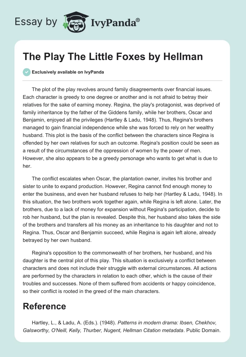 The Play "The Little Foxes" by Hellman. Page 1