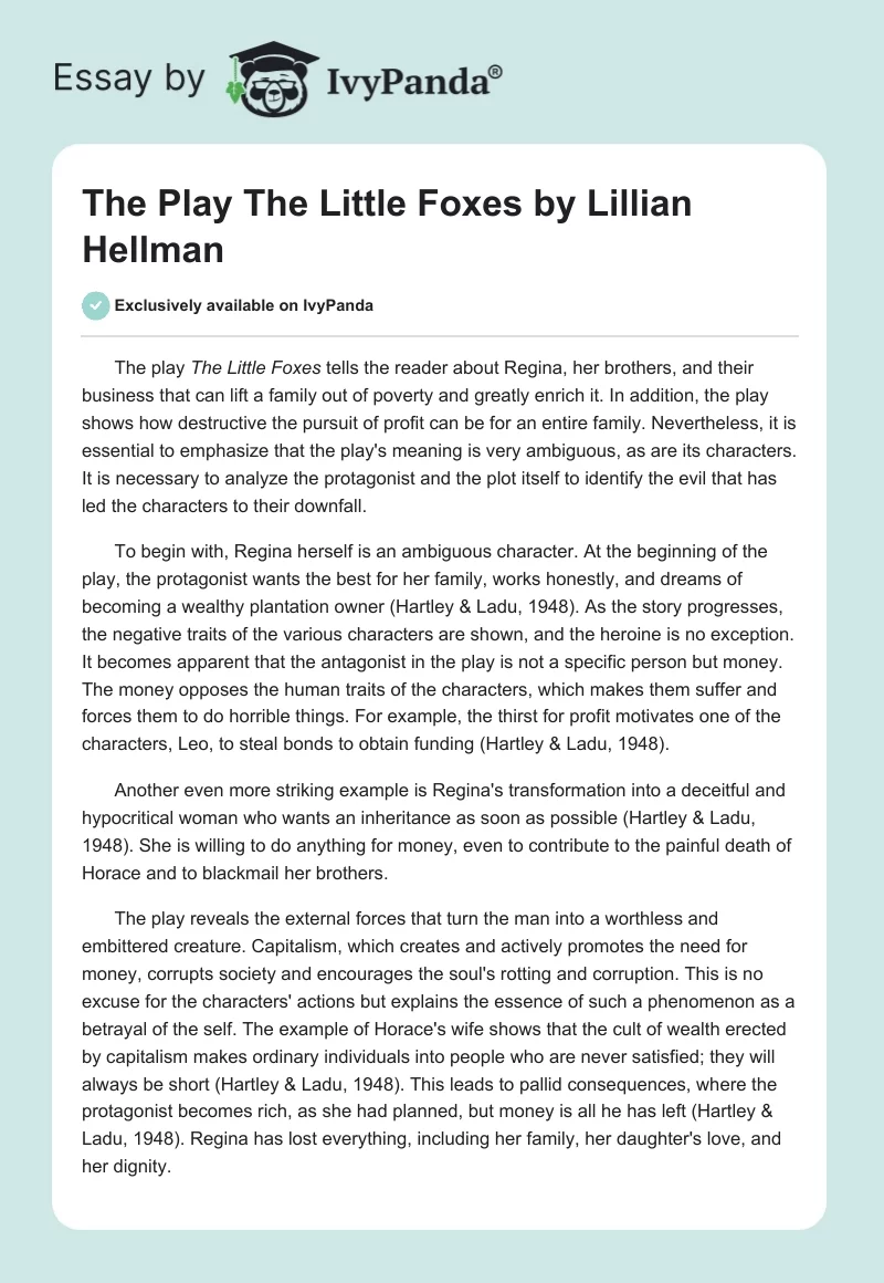 The Play "The Little Foxes" by Lillian Hellman. Page 1
