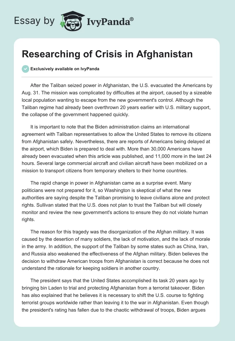 Researching of Crisis in Afghanistan. Page 1