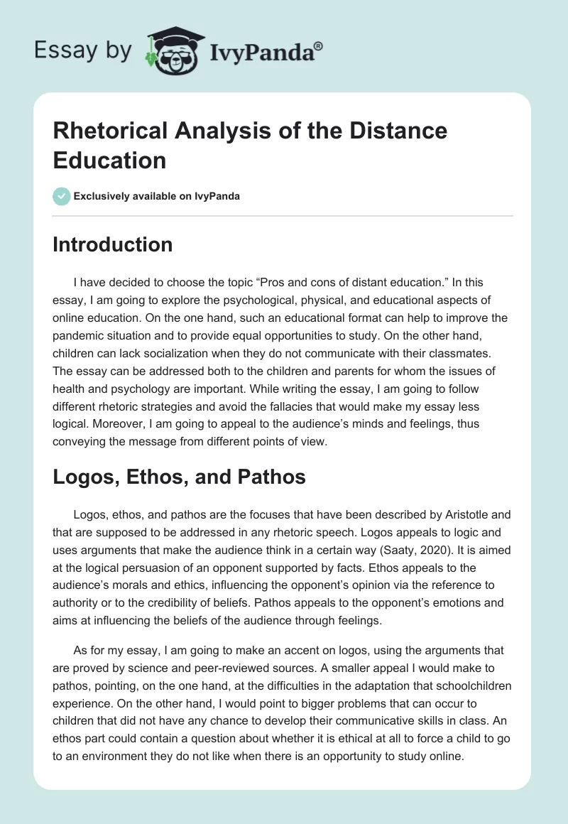 Rhetorical Analysis of the Distance Education. Page 1