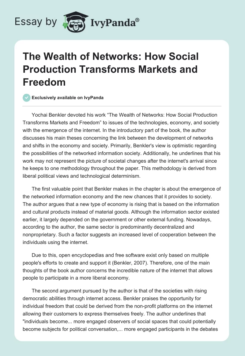 The Wealth of Networks: How Social Production Transforms Markets and Freedom. Page 1