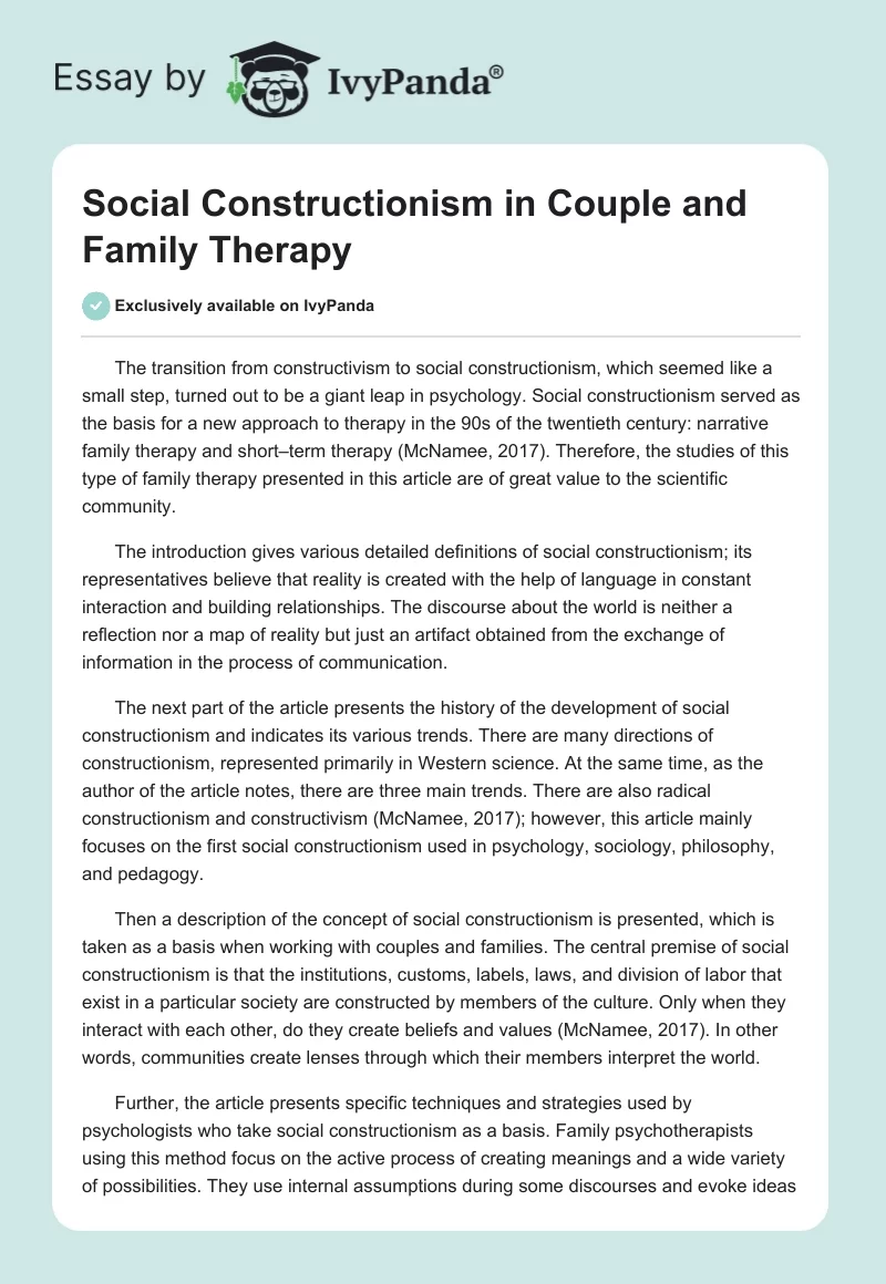 Social Constructionism in Couple and Family Therapy. Page 1