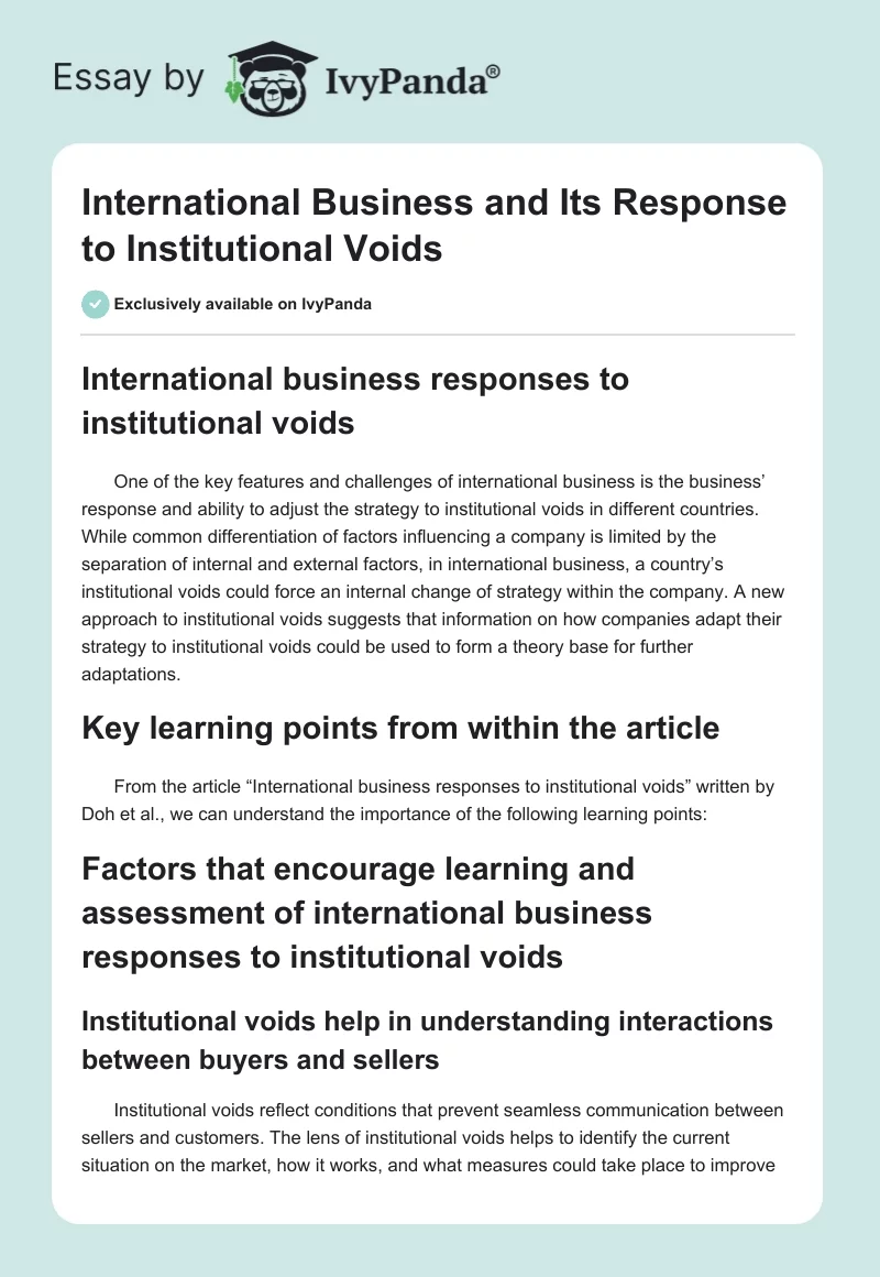 International Business and Its Response to Institutional Voids. Page 1