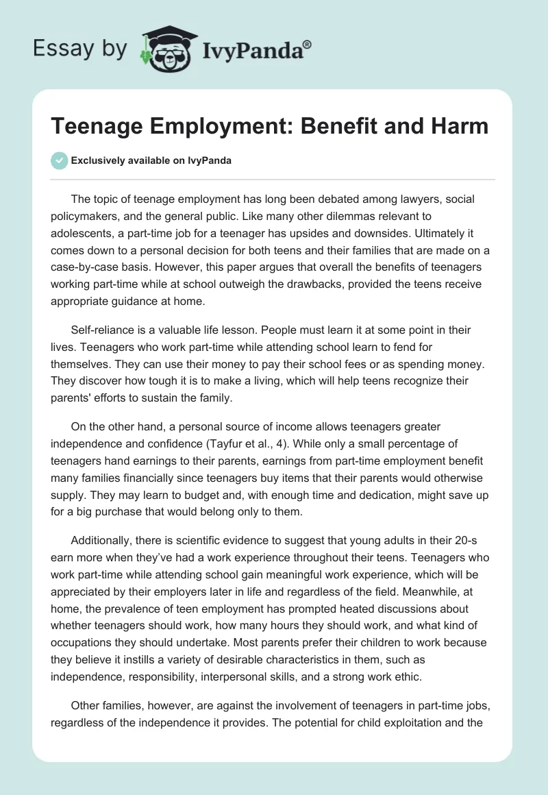 Teenage Employment: Benefit and Harm. Page 1