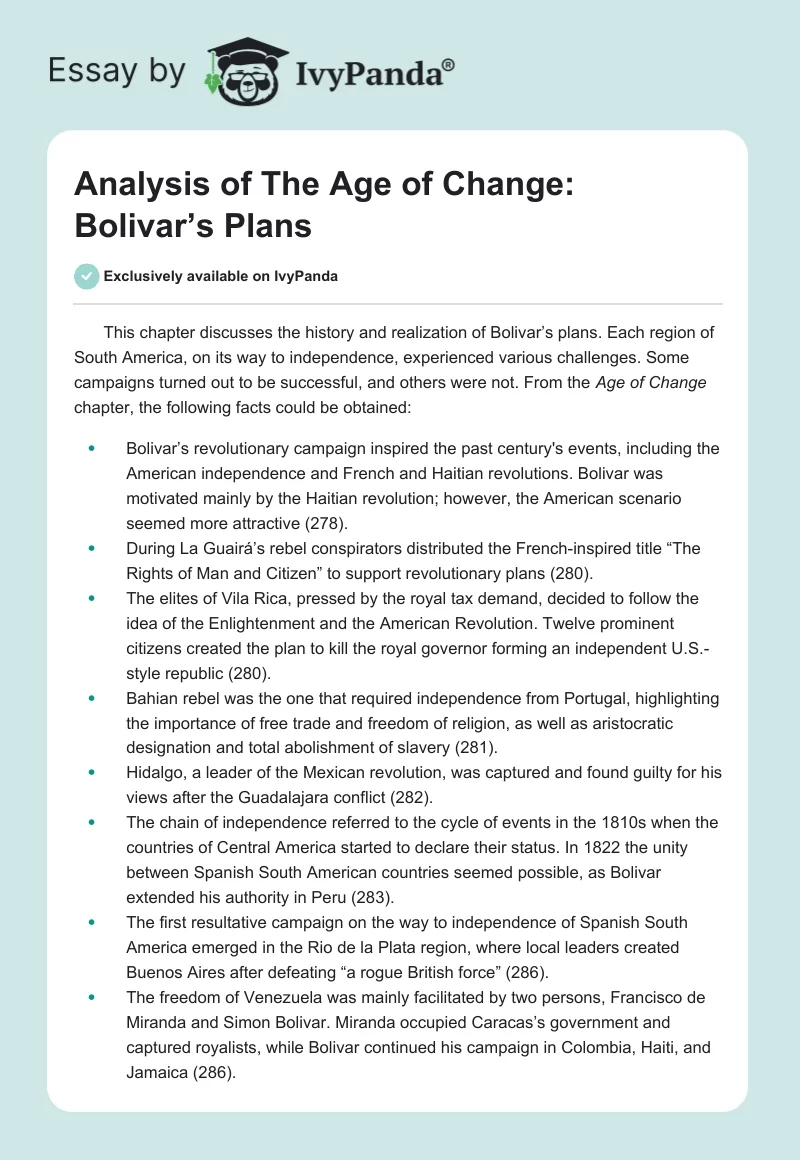 Analysis of The Age of Change: Bolivar’s Plans. Page 1