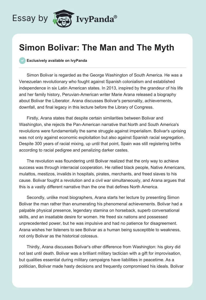 Simon Bolivar: The Man and The Myth. Page 1