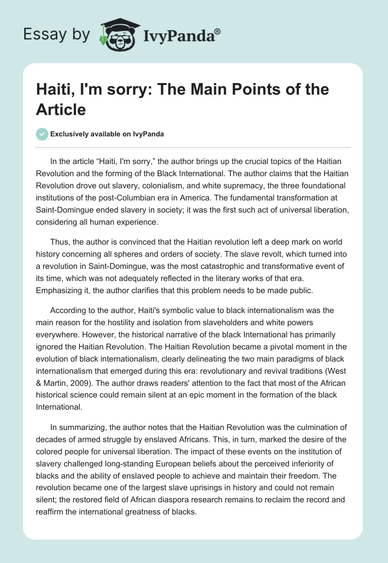 Haiti, I'm sorry: The Main Points of the Article. Page 1