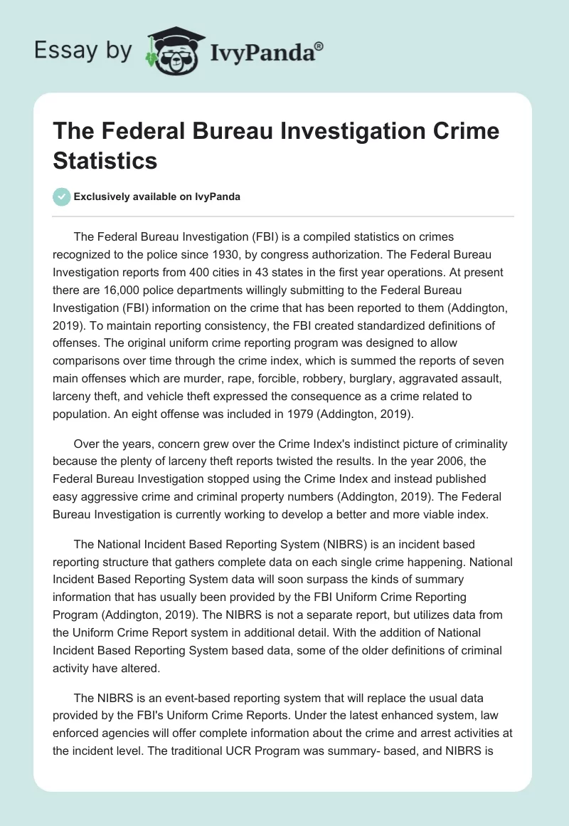 The Federal Bureau Investigation Crime Statistics. Page 1