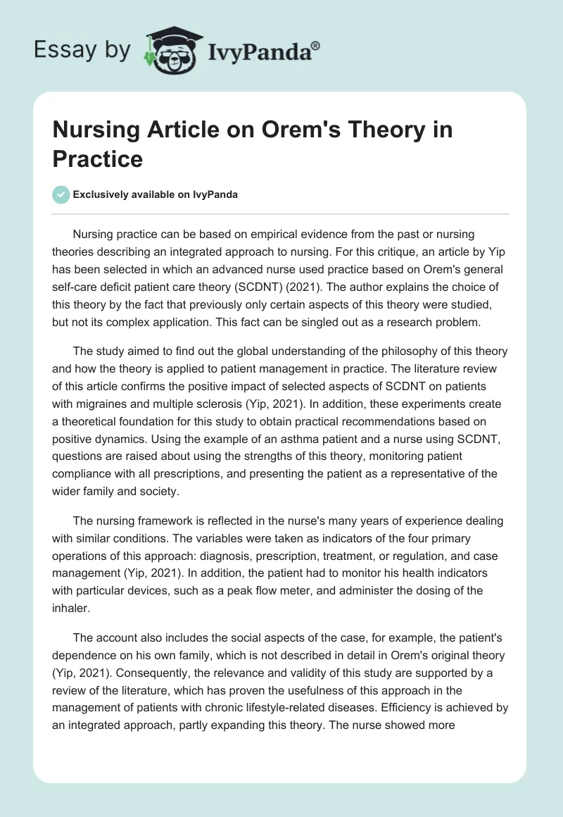 Nursing Article on Orem's Theory in Practice. Page 1