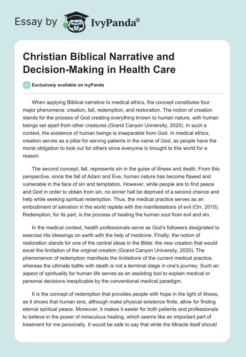Christian Biblical Narrative and Decision-Making in Health Care. Page 1