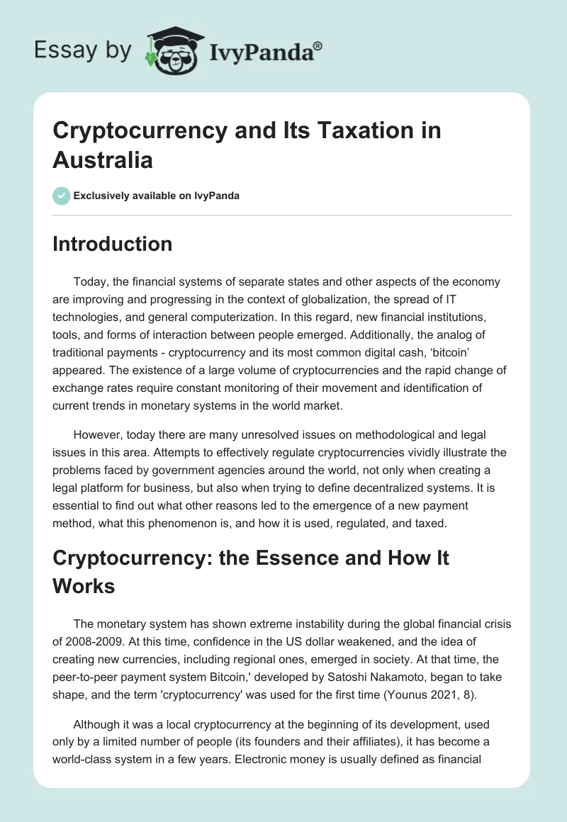 Cryptocurrency and Its Taxation in Australia. Page 1